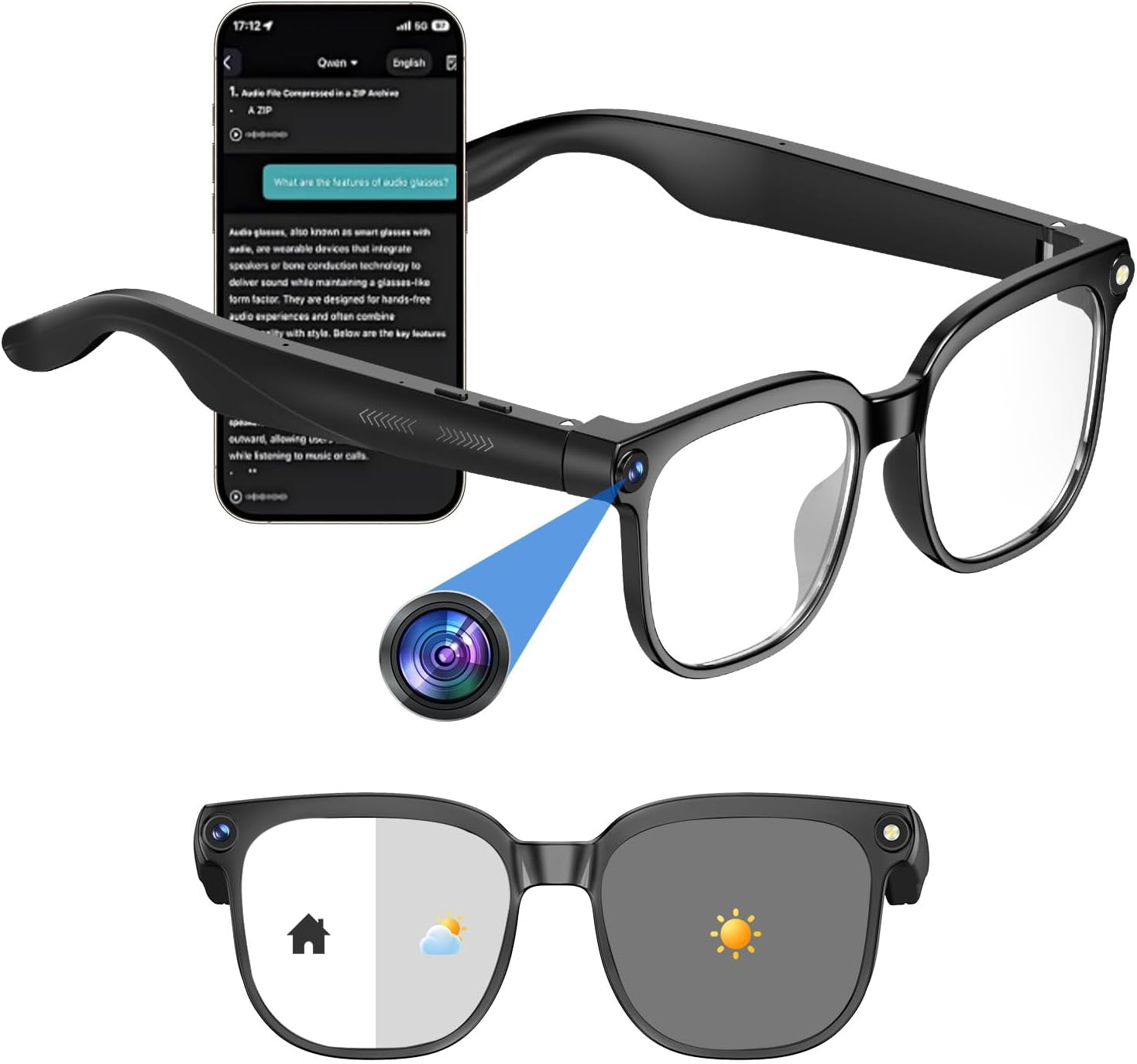 AI Smart Glasses with Camera, 8MP HD Anti-Shake Camera Glasses, 1080P ...