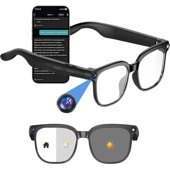 AI Smart Glasses with Camera, 8MP HD Anti-Shake Camera Glasses, 1080P Video Recording Sunglasses Dual Mic, Real Time Translation, Built-in ChatGPT Voice Assistant, Open-Ear Audio for Travel&Meetings