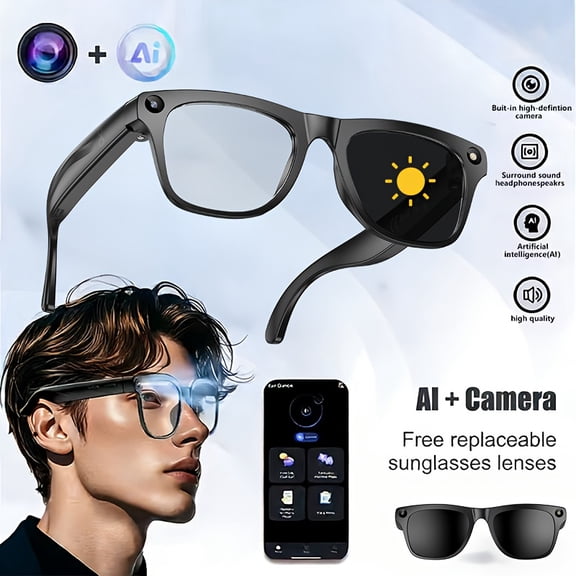 Smart AI Glasses with HD Camera, Voice Assistant, Real-Time Translation, Bluetooth Calls & Music for Outdoor Photography, Running, Hiking | Unisex Transparent Design