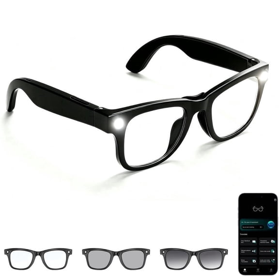 AI Smart Glasses with Light, Voice Assistant, Real-Time Translation in 139 Languages, Music & Hands-Free Calls, Photochromic Lenses, Bluetooth Glasses for Work Reading Craft Driving Travel Meetings