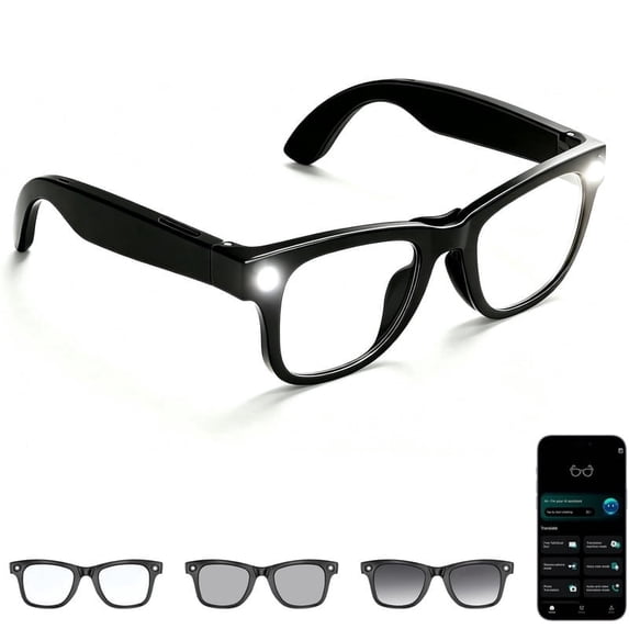 AI Smart Glasses with Light, Voice Assistant, Real-Time Translation in 139 Languages, Music & Hands-Free Calls, Photochromic Lenses, Bluetooth Glasses for Work Reading Craft Driving Travel Meetings