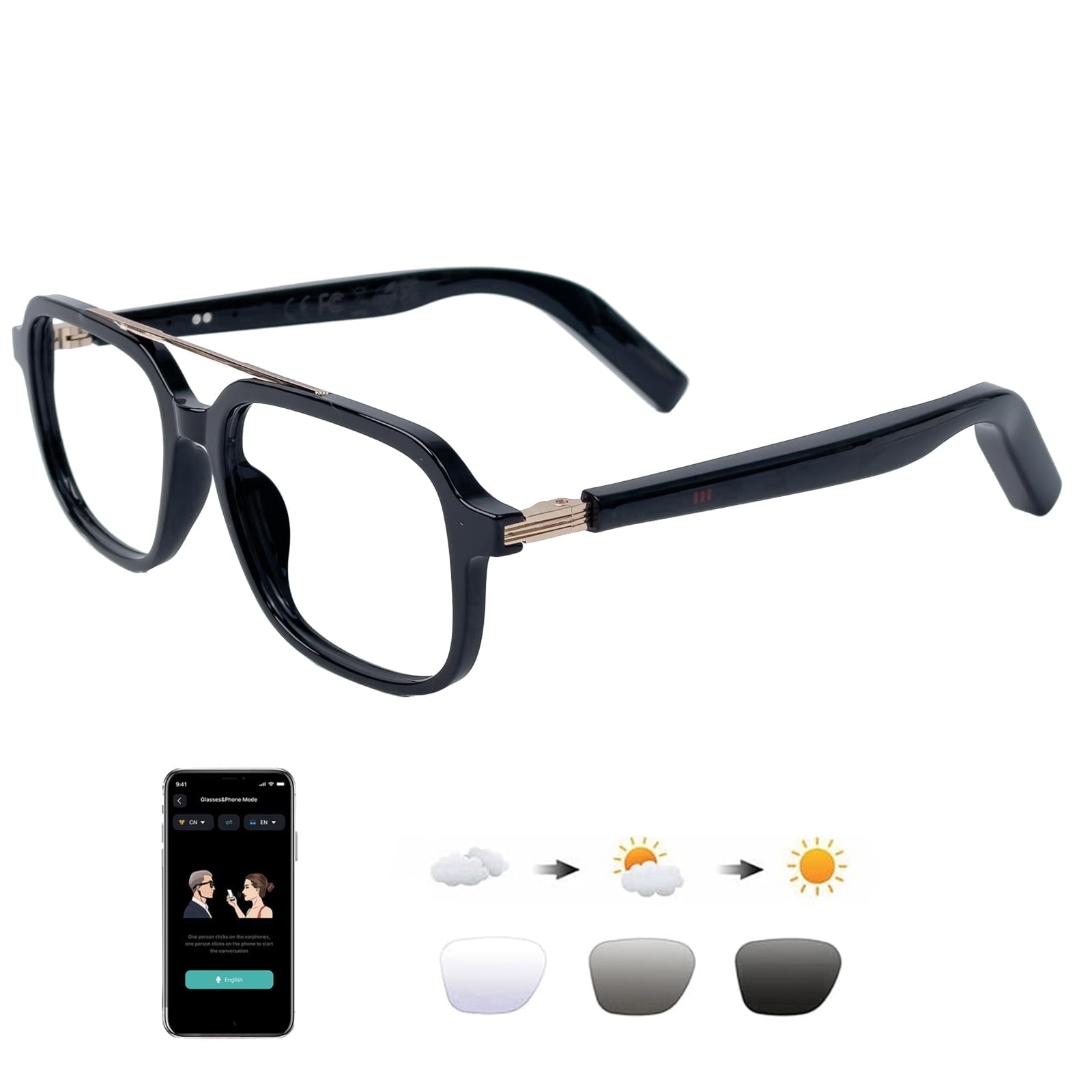 AI Smart Glasses for Men Women, Bluetooth Glasses with 164+ Languages Translation, Color-Change Lens and Hands-Free Calls for Travel Meeting Trade Business