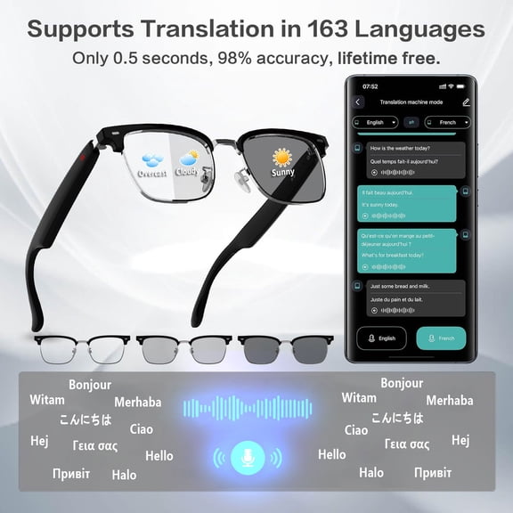 AI Smart Glasses for Men Women, Bluetooth Glasses with 164+ Languages Translation, Color-Change Lens and Hands-Free Calls for Travel Meeting Trade Business