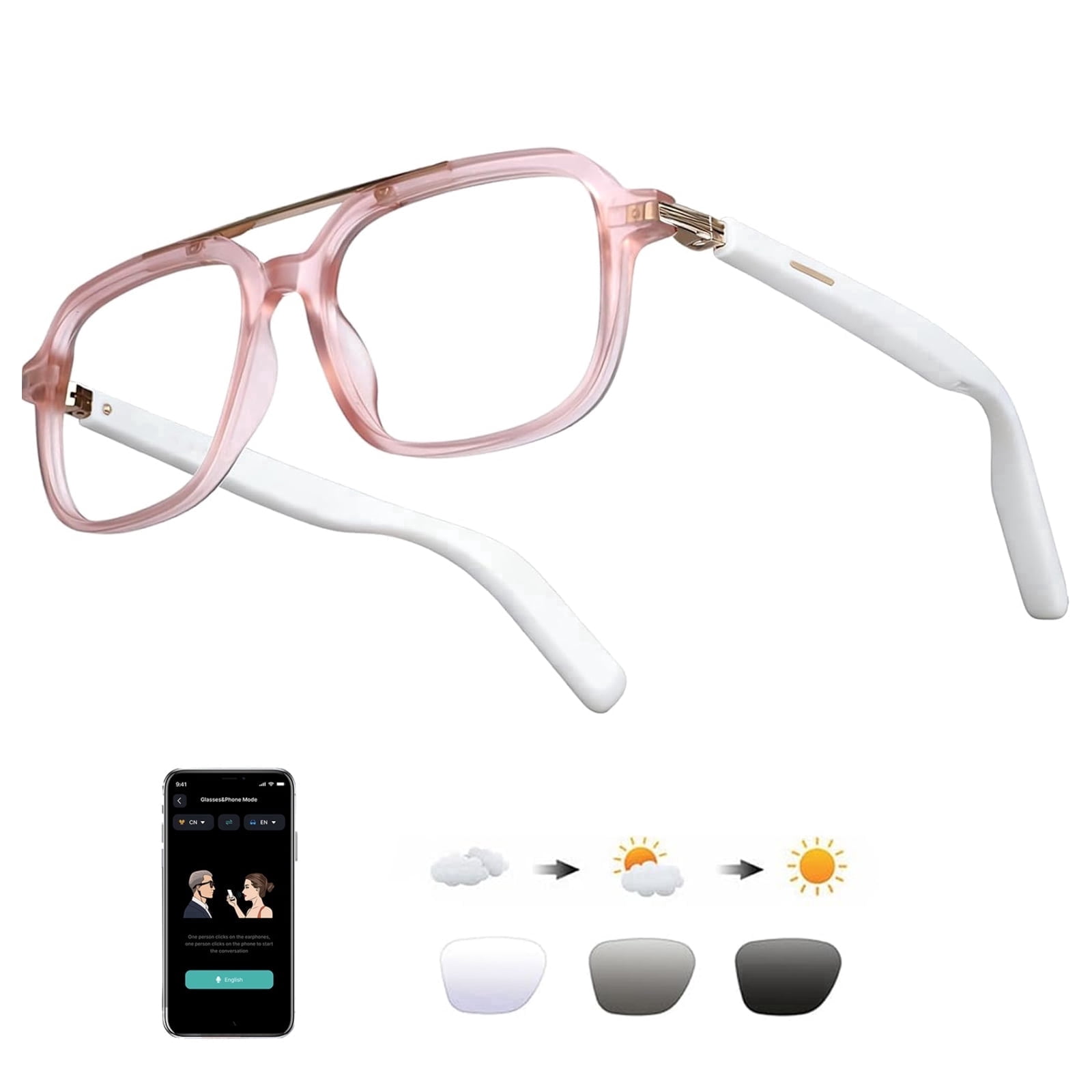 AI Smart Glasses for Men Women, Bluetooth Glasses with 164+ Languages Translation, Color-Change Lens and Hands-Free Calls for Travel Meeting Trade Business