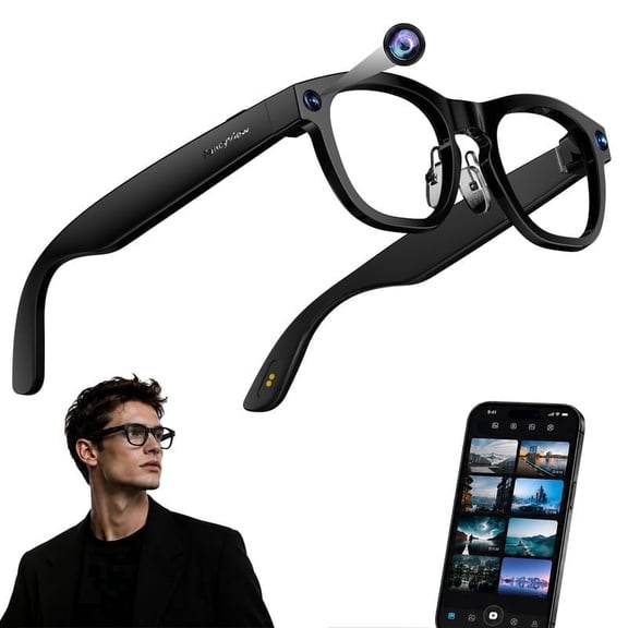 AI Smart Glasses for Men Women Bluetooth Glasses with Voice Assistant Real Time Translation Audio Recording Open Ear Music Hands Free Calls App Control for Android iOS Black