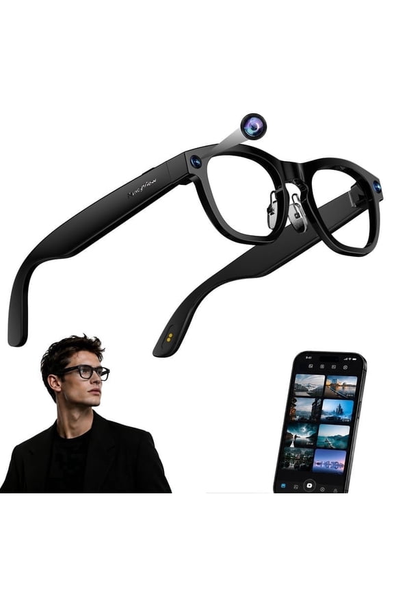 Smart Glasses with Camera, AI Bluetooth Glasses for Men and Women, Open Ear Audio Glasses with Voice Assistant, Real Time Translation, Hands Free Calls, App Control for iphone Android, Black