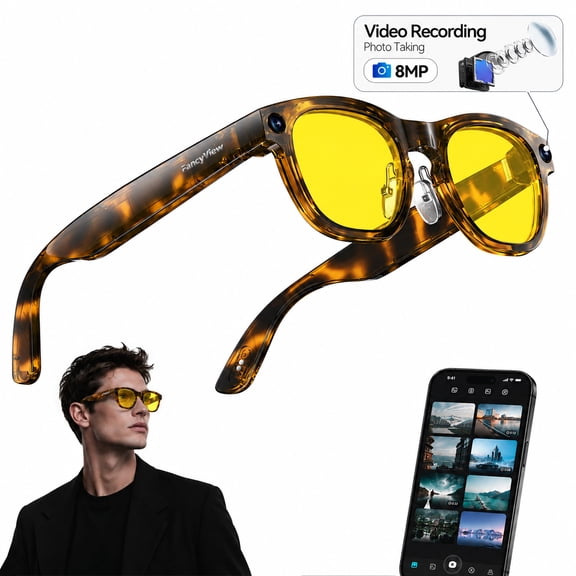 AI Smart Glasses for Men Women with 8MP Camera, Photo & Video Recording, AI Voice Assistant, Bluetooth Open-Ear Audio Glasses for Travel, Work and Daily Life, Vlog, Tortoiseshell