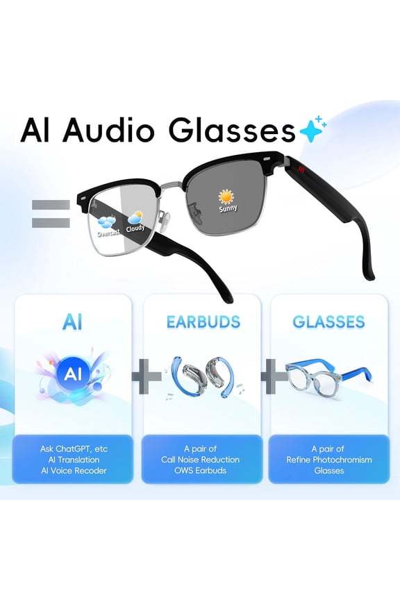 AI Smart Glasses for Men Women, Deepseek R1 & Gemini-2.5 AI Assistant, 164 Languages Support, Bluetooth 5.3, Music Playback, Hands-Free Calling, IP67 Waterproof, Physical Photochromic Lenses