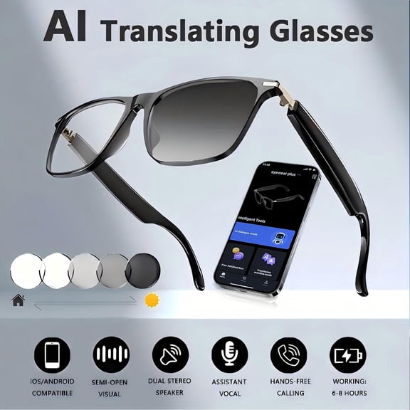 AI Smart Glasses for Men Women, Deepseek R1 & Gemini-2.5 AI Assistant, 164 Languages Support, Bluetooth 5.3, Music Playback, Hands-Free Calling, IP67 Waterproof, Physical Photochromic Lenses
