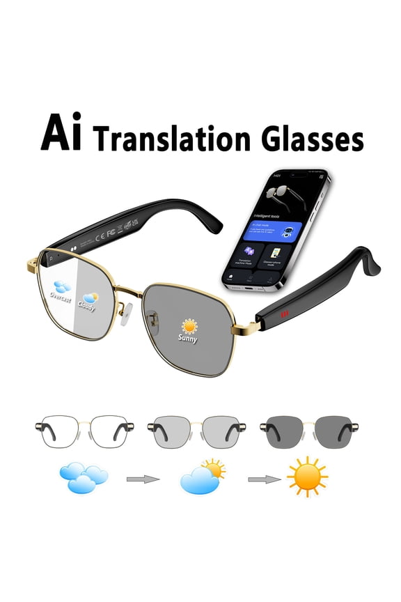 AI Smart Glasses with Real-Time Translation & Voice Assistant  with Noise-Cancelling Calls, Music, Touch Control, Physically-Changing Lenses,Magnetic Charging,Unisex