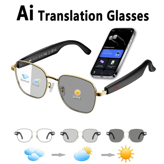 AI Smart Glasses with Real-Time Translation & Voice Assistant with Noise-Cancelling Calls, Music, Touch Control, Physically-Changing Lenses,Magnetic Charging,Unisex