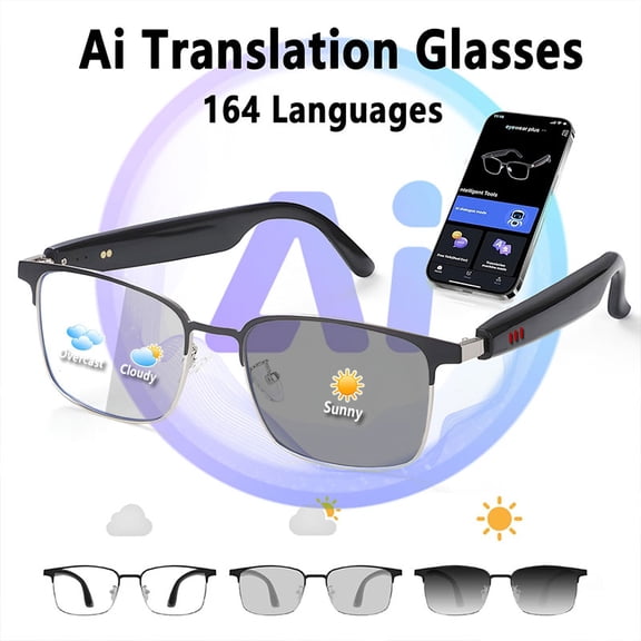 AI Smart Glasses, Real-Time Translation & Voice Assistant Touch Control, Photochromic Lenses Glasses All-Day Comfort for Indoor & Outdoor