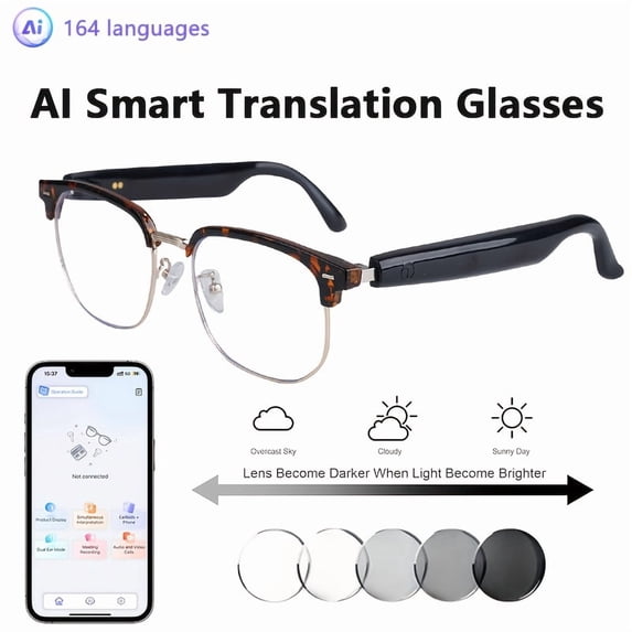 AI Smart Glasses: Real-Time Translation for 164 Languages, AI Chat, Hi-Fi Sound, Photochromic Lenses & Metal Frame