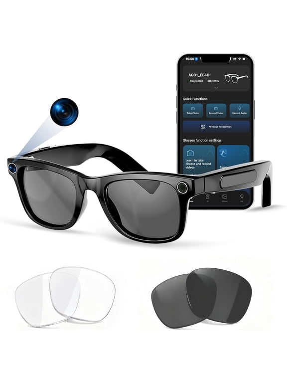AI Smart Glasses with Voice Assistant, 8MP HD Camera Glasses, 1080P Video Recording Sunglasses, Dual Core Chip Noise Reduction, RealTime Translation, Interchangeable Blue Light & UV Protection Lenses