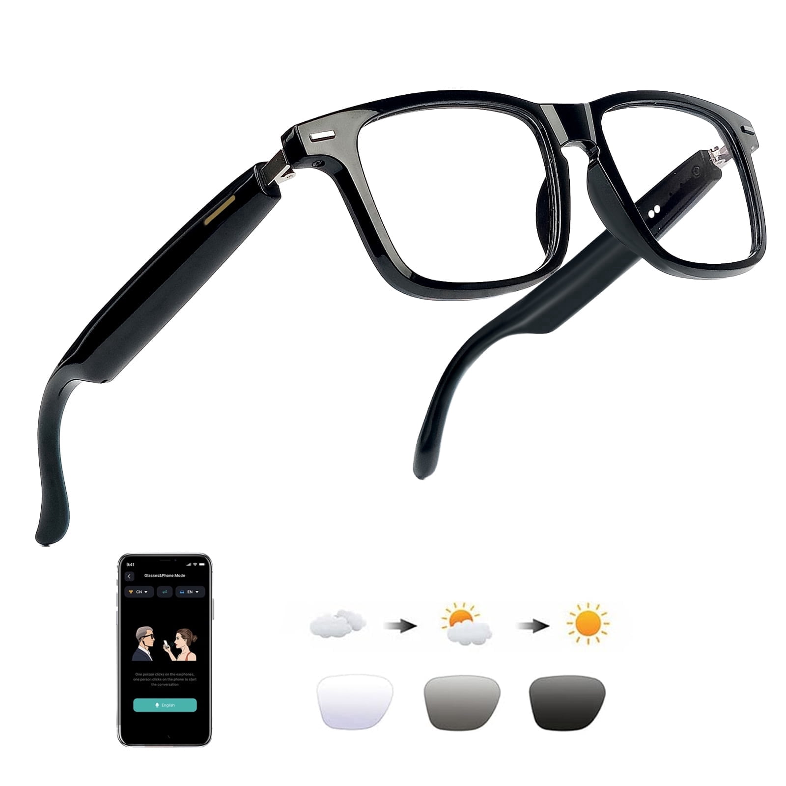 AI Smart Glasses for Men & Women with 164 Languages Translation, Photochromic Lenses Bluetooth Glasses for Sports Travel Driving Business