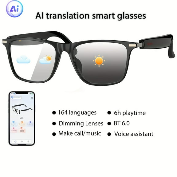 AI Smart Glasses with Real-Time 164 Language Translation, ChatGPT, Built-in Mic & Speaker, Hands-Free Calls/Music, Physical Color Changing Lenses