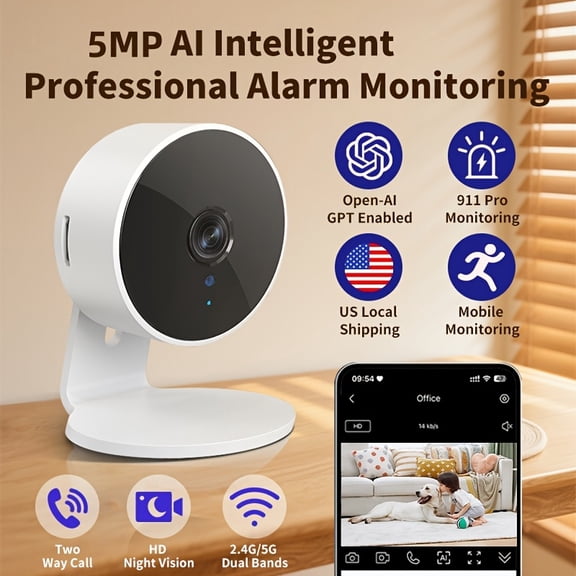 AI Smart Security Camera with 911 Monitoring, 480P HD, GPT Technology, Fast Shipment
