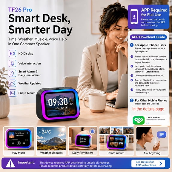 Smart Speaker with Large Screen Display, RGB Ambient Lighting, Hands-free Calling, Music Player, Voice-controlled Desktop Speaker, Suitable for Home/office/bedroom