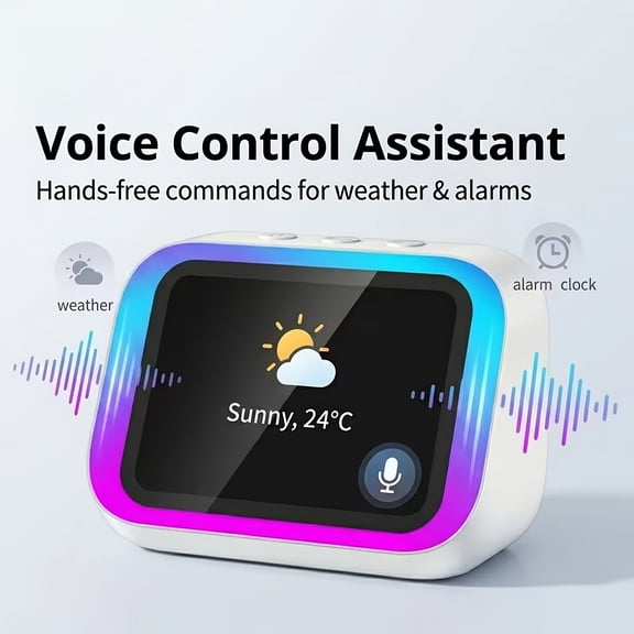 AI Smart Speaker with Large Screen, RGB Ambient Light Digital Alarm Clock, Voice Control, Hands-Free Call, Music Player, Portable Bedside Speaker for Home, Office and Bedroom