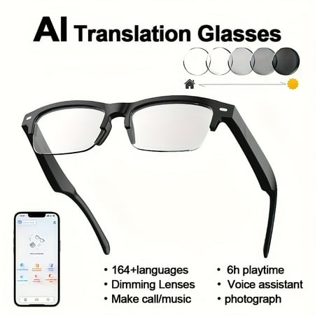 AI Smart Translation Glasses for 160 Languages | Real-Time iOS/Android Compatible | AI Voice Assistant & Built-in Mic/Speaker | HD Calls & Hi-Fi Music with Magnetic Charging