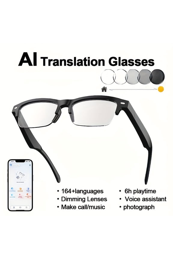 AI Smart Translation Glasses for 160 Languages | Real-Time iOS/Android Compatible | AI Voice Assistant & Built-in Mic/Speaker | HD Calls & Hi-Fi Music with Magnetic Charging