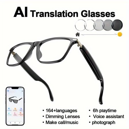 AI Smart Translation Glasses for 160 Languages | Real-Time iOS/Android Compatible | AI Voice Assistant & Built-in Mic/Speaker | HD Calls & Hi-Fi Music with Magnetic Charging