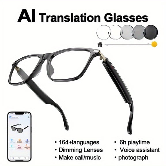 AI Smart Translation Glasses for 160 Languages | Real-Time iOS/Android Compatible | AI Voice Assistant & Built-in Mic/Speaker | HD Calls & Hi-Fi Music with Magnetic Charging