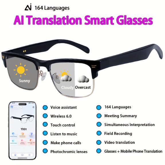 AI Smart Translation Glasses Support Real-Time Translation in 164 Languages. The New Multifunctional Audio Glasses from General Come with Built-In Microphones And Speakers