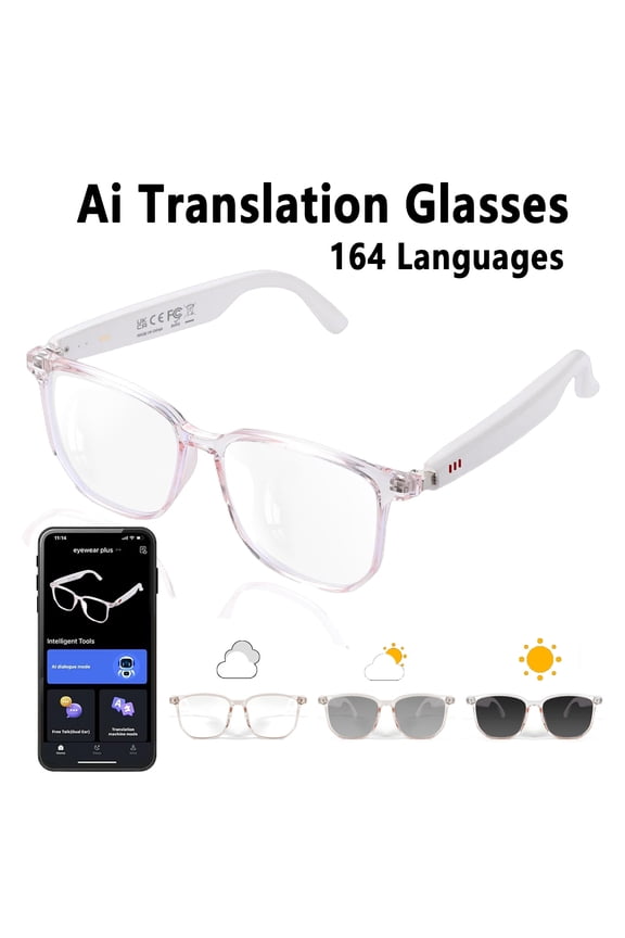 AI Smart Translation Glasses with 164-Language, Photochromic Lenses, Magnetic Charging, AI Voice Assistant for Man/Women