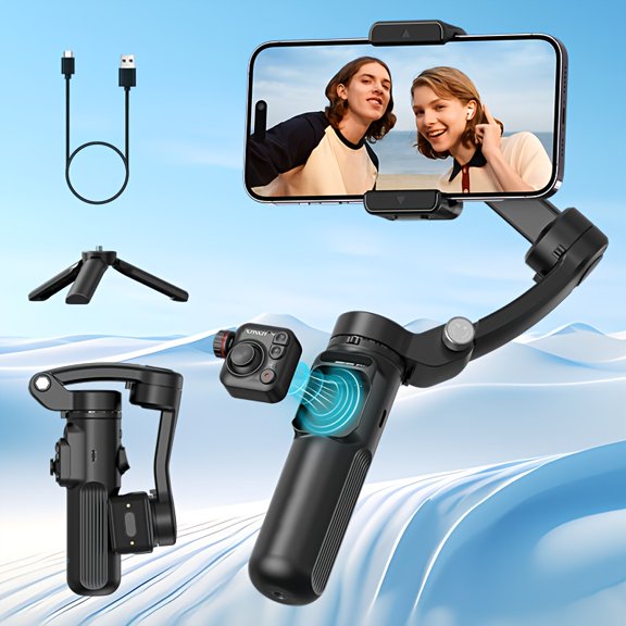 AI Smartphone Gimbal Stabilizer with LED Light & Tripod, 3-Axis Anti-Shake, Object Tracking, 360° Face Tracking for Live Streaming & Selfies