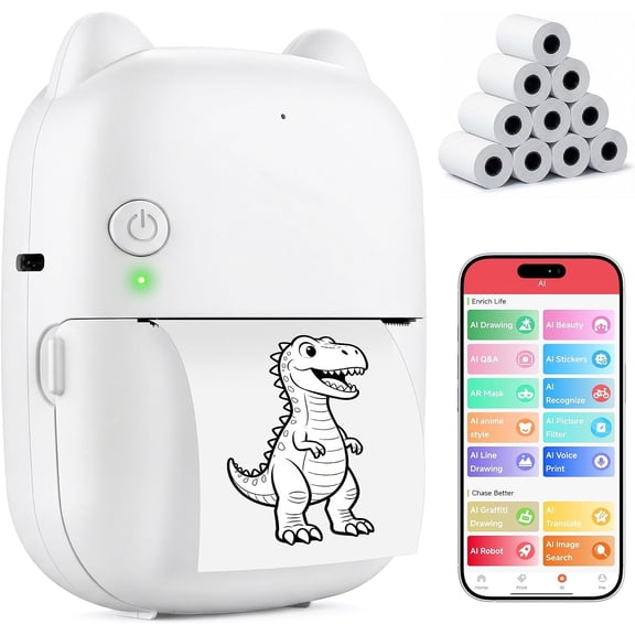 AI Sticker Printer, Mini Sticker Maker Machine for  and Adults, Portable  Inkless Thermal Printer W/ 10 Rolls Thermal Paper, Pocket Photo & Label Maker for DIY, Journals, Study Notes
