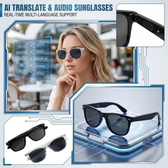 AI Translate Smart Glasses, Bluetooth Sunglasses with Real-Time Multi-Language Support for 100+ Languages, Perfect for Travel Business Meetings and Daily Communication