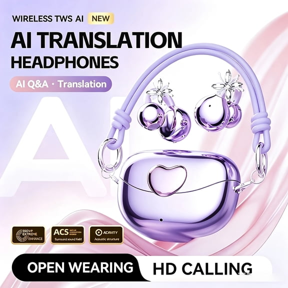 AI Translation Open Ear Clip Earbuds, Bluetooth 6.0, crystal flower look, heart charging case with lanyard, clear calls, surround sound, comfy for sports, rose gold and another color