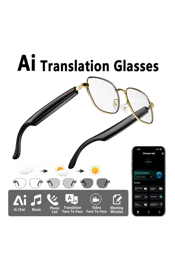 Smart Glasses, 164 Languages Real-Time Translator with Bluetooth HD Calls, Music & Meeting Recording, for Travel, Business & Daily Use