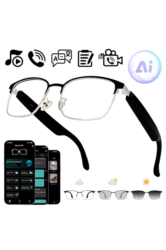 AI Translation Smart Glasses, 100+ Languages Real-Time Translator, Photochromic Lenses, GPT AI Chat, Meeting & Video Recording, Bluetooth Calling with HiFi Audio, Unisex