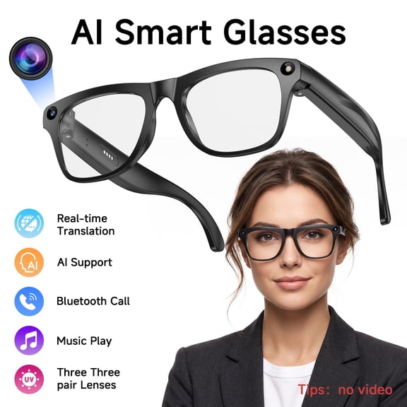 AI Translation Smart Glasses for Men Women, HD Camera, Bluetooth 5.3 Wireless Calling Hands-Free , Voice Assistant Chat-GPT/Gemini, Music Control Player, 3 Pair UV Protection Lenses