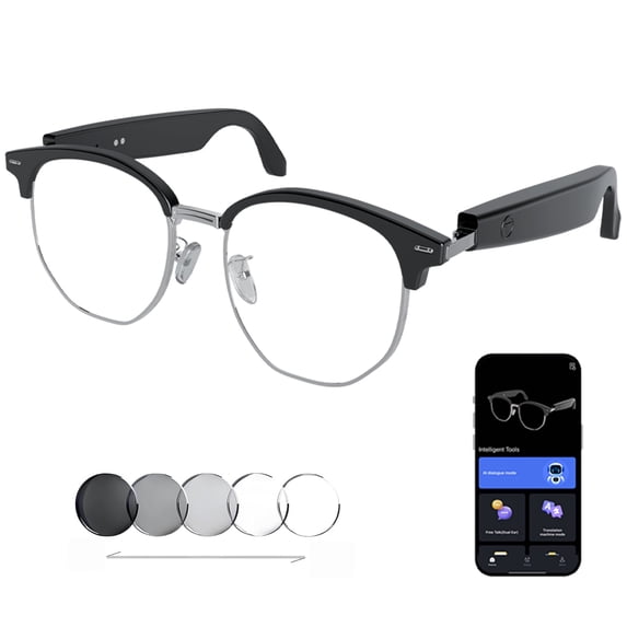 AI Translator Glasses for Men & Women, Real-Time Translation in 164 Languages, Photochromic Transition Lenses, Bluetooth 5.3 Hands-Free Call, Open-Ear Audio, IPX5 Waterproof Smart Glasses (Silver)