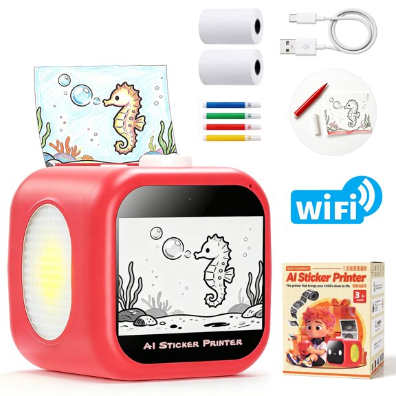 AI Voice-Powered Sticker Maker for Kids, AI Smart Voice Sticker Printer Box,3.5" HD Touchscreen Mini Thermal Inkless Printer with Ambient Light, WiFi Sticker Maker Machine for Kids DIY Toys ,Red