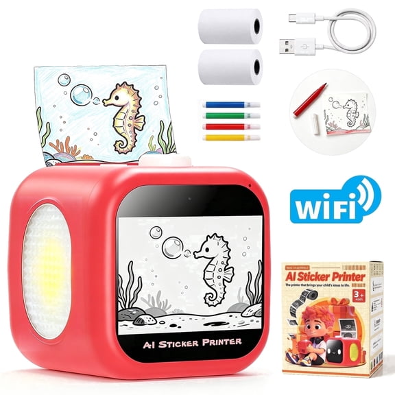 AI Sticker Printer, Portable Wireless Bluetooth Mini Thermal Printer, Inkless Pocket Drawing Printer for Children Coloring Sketch Study Notes DIY Cartoon Sticker, USB Rechargeable Educational Toy