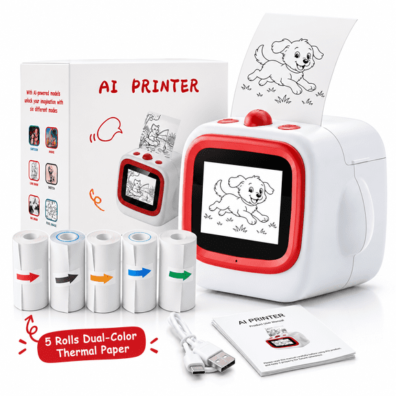 AI Voice Printer for Kids, Inkless Thermal Sticker Printer & Portable Label Maker, One-Click AI Drawing Printer for Drawing, Coloring, Learning, DIY Crafts & Creative Play