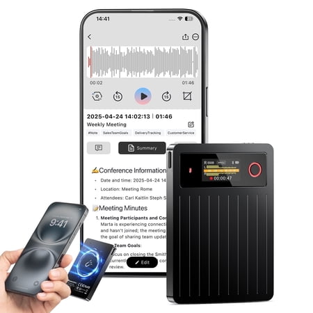 AI Voice Recorder, APP Control, 64GB Memory, GPT-4.0 Free Transcription, AI Analysis & Summarize, 100+ Languages for Lectures,Meetings,Calls