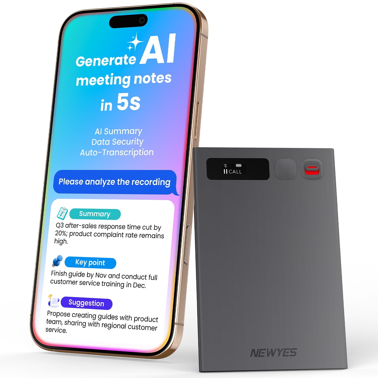 AI Voice Recorder, NEWYES Ailog Smart Audio Recorder, App Control, Transcribe & Summarize, 188+ Languages Translation, 64GB Memory, Audio Recorder for Meetings, Lectures, Calls, Business, Class