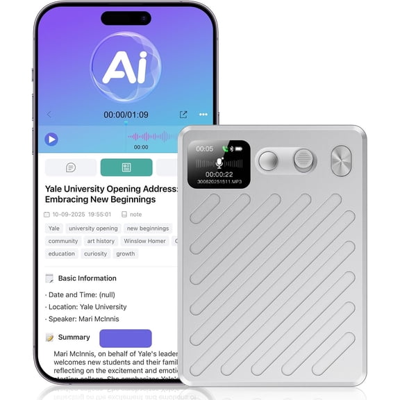 AI Voice Recorder, Note Taking Device, Transcribe & Summarize, Voice Recorder With Display, App Control, Supports 132+ Languages, 100H, 64GB, Audio Recorder for Lectures Meetings Calls,