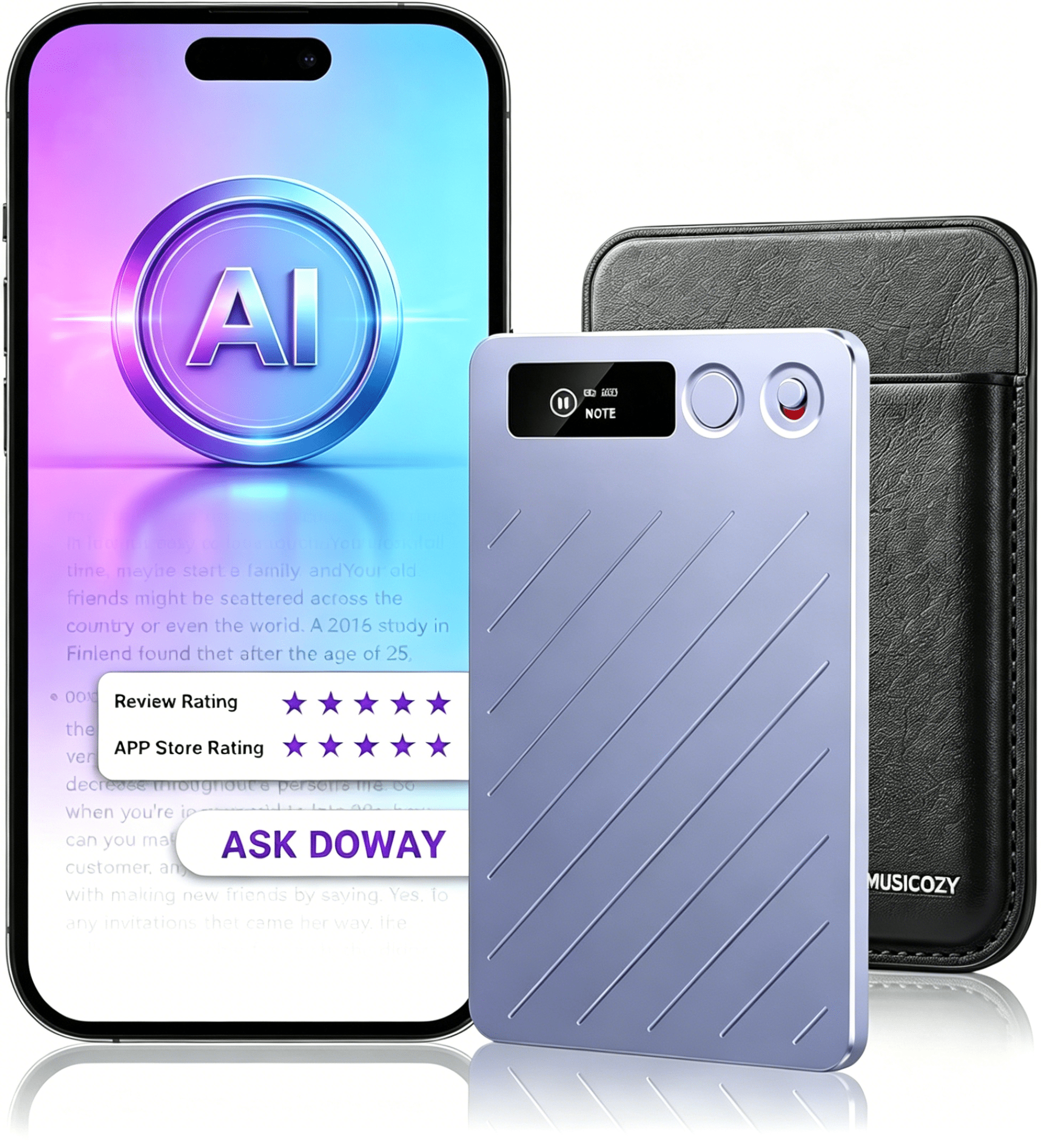 MUSICOZY AI Voice Recorder w/Case, AI Note Taker & App Control, Real-Time AI Transcription and Summary, Noise Cancellation, 152 Languages, 64GB Digital Audio Recorder for Meetings, Lectures & Calls