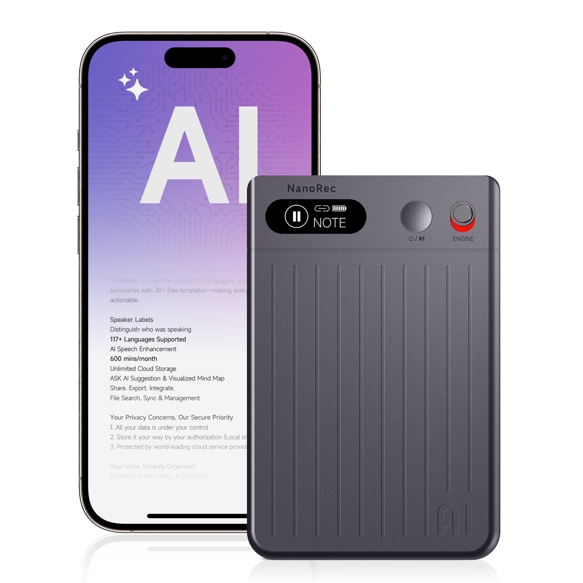 Soifcik AI Voice Recorder with GPT-4o Transcription & Summary, Magnetic Call Recorder for iPhone/Android, 64GB Audio Recorder, Free 600 Mins, App Control with Playback for Meetings & Lectures (Gray)