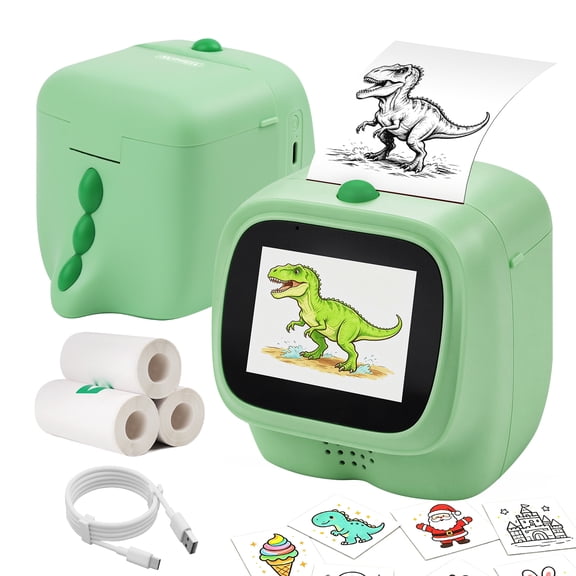 AI Voice Sticker Maker for Kids, Mini Thermal Printer, Green Dino 6 art styles, rechargeable, journaling & doodles, DIY crafts, learning toy gifts for boys girls, with 3 paper rolls