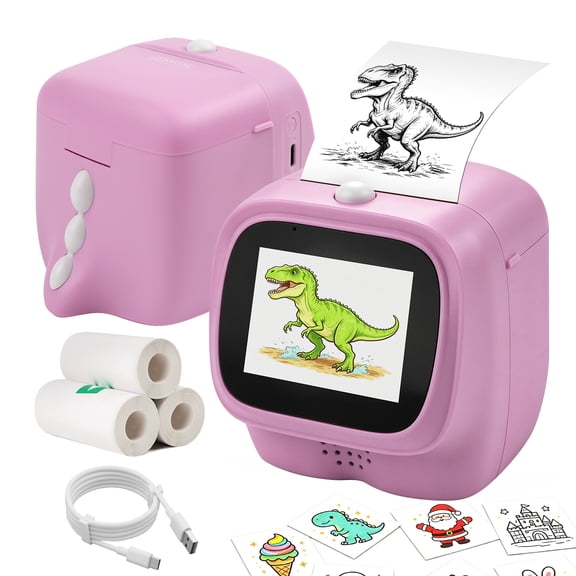 AI Voice Sticker Maker for Kids, Mini Thermal Printer, Purple Dino 6 art styles, rechargeable, journaling & doodles, DIY crafts, learning toy gifts for boys girls, with 3 paper rolls