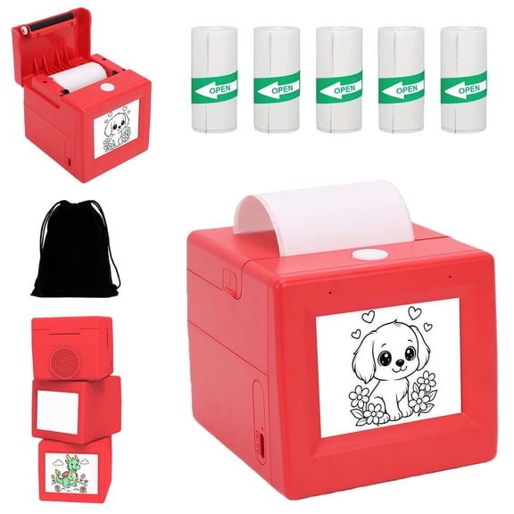 AI Voice Sticker Printer, Portable Smart Thermal Printer Box for Home School, Compact Mini Inkless Sticker Maker with 2.8 Inch HD Screen Display for Students Hobbyists(5 Roll)