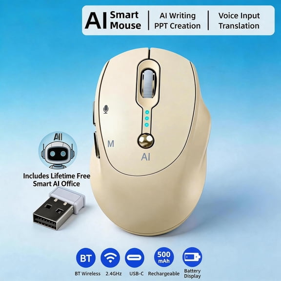 AI Voice Wireless Mouse with Voice to Text for Laptop, Dual Mode Rechargeable in Gold