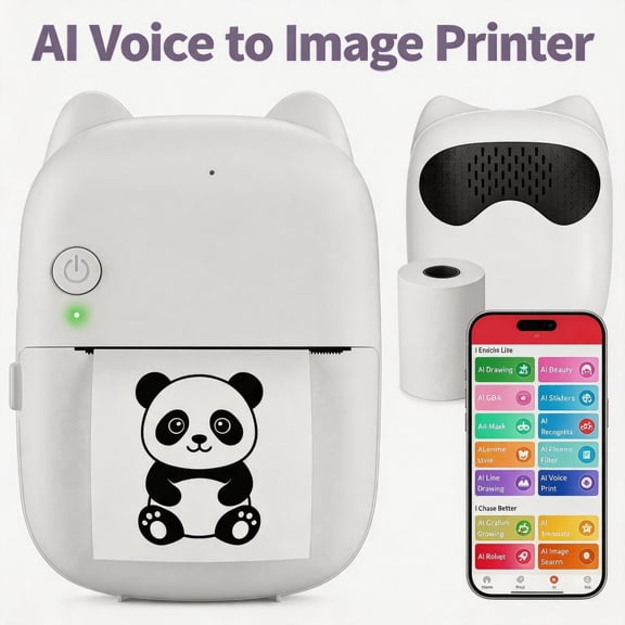 AI Voice-to-Image Mini Printer, Portable Inkless Thermal Printer with AI Image Generation & Voice Q&A, Bluetooth Sticker Printer with Thermal Paper for DIY, Journaling & Family Creative Time - Black